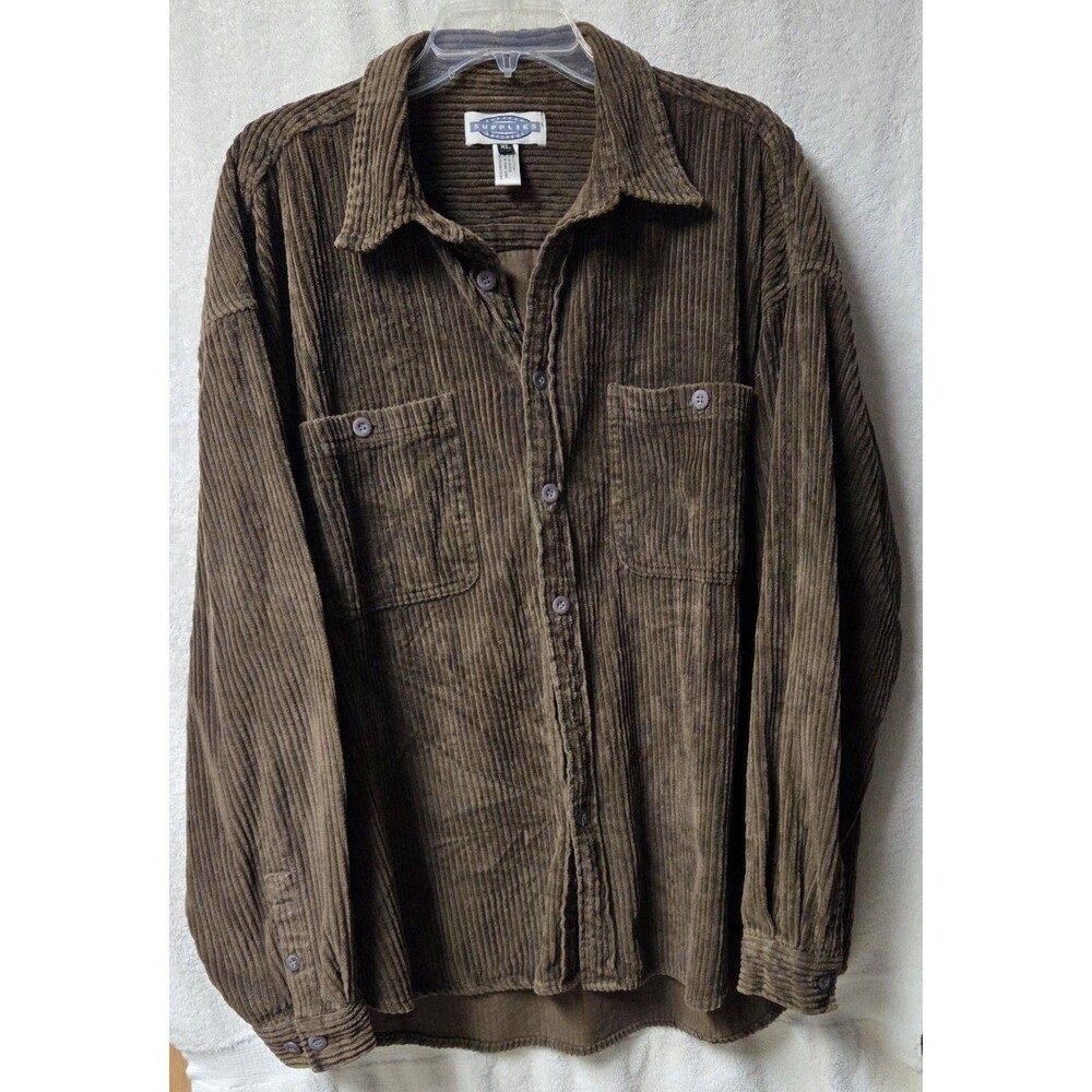 VTG Supplies Menswear Wide Wale Cordory Brown Button-Up Long Sleeve Shirt XL